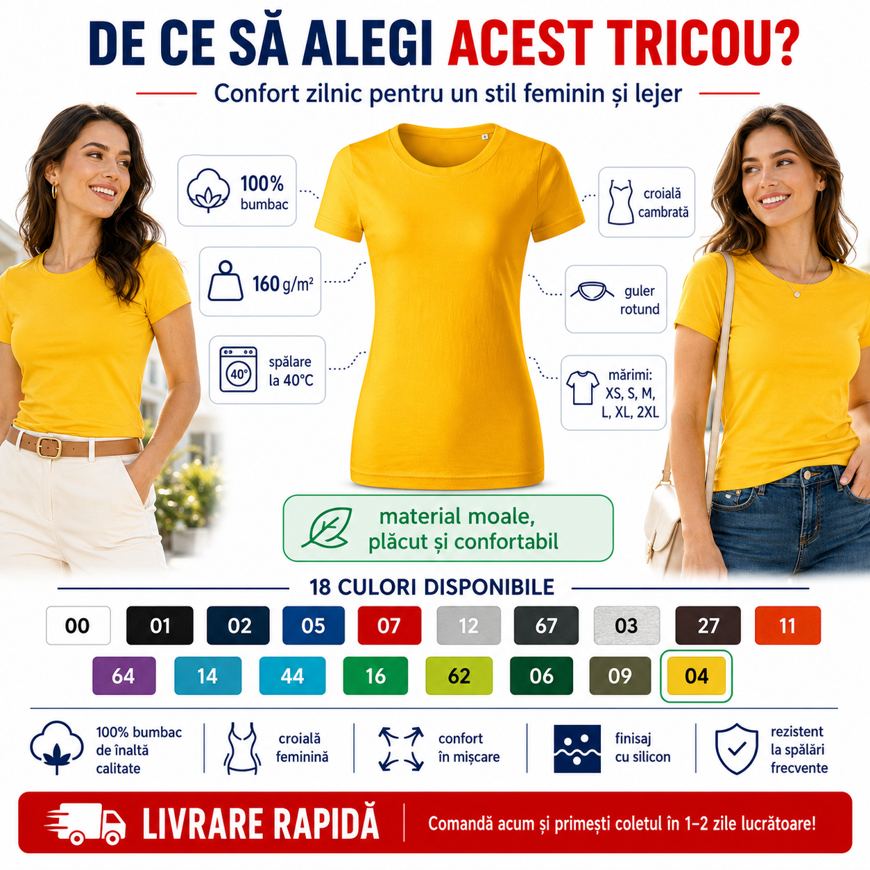 Tricou damă Basic Free din bumbac, guler rotund, croială cambrată, 18 culori disponibile